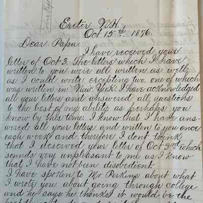 Letter from Alfred H Cohen to his father AA Cohen re: rebuttal to criticism of his study habits: Dated 15 Oct 1876 when AH was attending Exeter Academy in New Hampshire