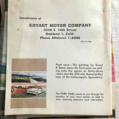 Rear cover: Addressed to E. Cohen, 1440 29th Ave, Oakland, 1, Calif
"Front cover- The painting by Ernest R. Roose shows the Ford pace car pulling onto the apron as thirty-three racers start the 500-mile Memorial Day race at the Indianapolis Speedway."