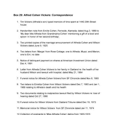 29. Alfreda Cohen Vickers: Correspondence