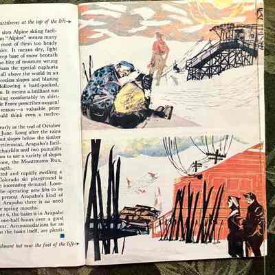 Pages 4-5: Left: Part of the story "Spring Skiing the Colorado Rockies" by Merle Shore
Right: Paper-cut style pictures of people waiting for the ski lift and refreshment hut at bottom of lift