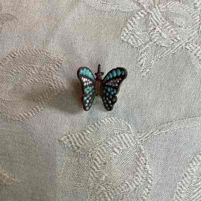 Silver Toned Butterfly Pin with Turquoise and Pearl Colored Stones