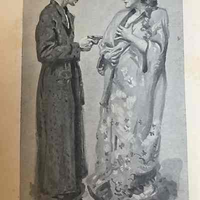 Illustration of man and woman in bathrobes, man pointing gun at woman.
Caption: "'What is this anyway? A George Cohan comedy?'" - Page 153. James Flagg