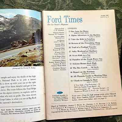 Title page: Left: Photograph of a red Ford driving through snow capped mountains, "One of the easiest ways to sample and enjoy the thrills of the high country in Rocky Mountain National Park is to join a nature study caravan..."