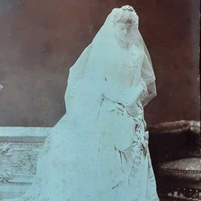 Back reads. "Mama in her wedding dress": Emma in her wedding dress in 1884