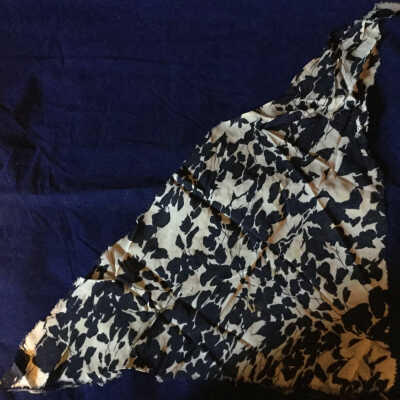 Georgette fabric scrap, navy blue abstract leaf design on off-white ground