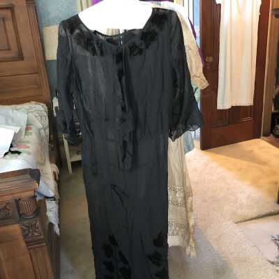 Dress black sheer , neck velvet applique