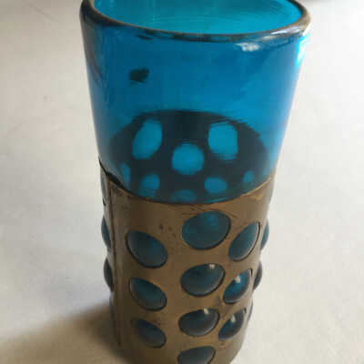 Blue Glass Vase with bronze holder