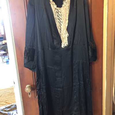 Dress black silk. Lace neck inset