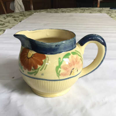 Pitcher- Cream with Blue Rim + Flowers