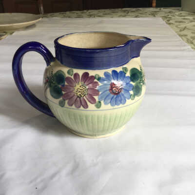 Pitcher- Blue Rim + Flowers