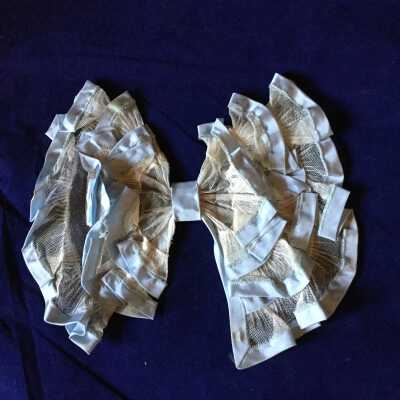 Bow off white net blue satin trim