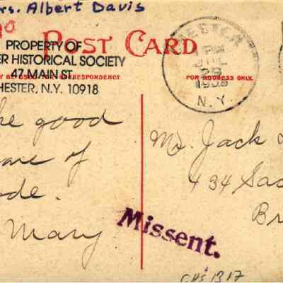 Address side of the "Coupe, John, Dick & Charley, Chester, N. Y." postcard.: The image displays an old postcard with written correspondence and postal stamps. The handwriting reads "Take good care of Dode - Mary." Labeled as "Property of Chester Historical Society." It's addressed to "Mr. Jack Lowery, 434 Sacket St., Brooklyn N.Y." and shows postal markings from Chester, N.Y., dated July 29, 1908, with a green Benjamin Franklin one-cent stamp affixed. The red notation indicates that this card was used in the 1992 Village of Chester Centennial Book.