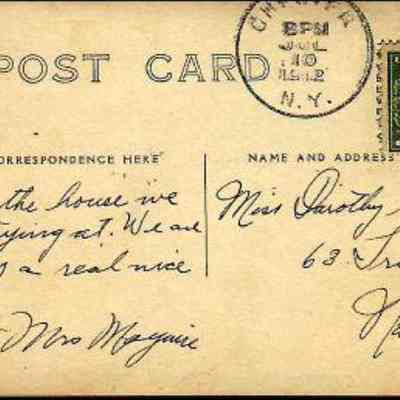 Address side of the Bradford Manor postcard: The image shows a vintage postcard, postmarked at 8 PM on July 10, 1912, in Chester, N.Y., and features a one-cent stamp with Benjamin Franklin. On the card, the handwritten text says, "This is the house we are staying at. We are having a real nice time. - Mrs. Maguire," addressed to Miss Dorothy Schwartz in Newark, NJ. The style and script reflect an informal and personal communication typical of the early 20th century.