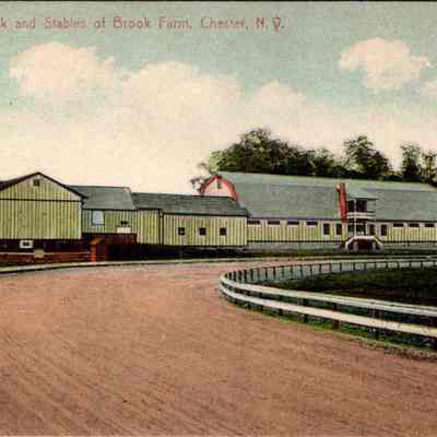 Portion of Track and Stables of Brook Farm, Chester, N.Y. Front chs-019947-1: This vintage postcard depicts a sweeping view of the Brook Farm stables and a portion of its track located in Chester, New York. The scene showcases a series of large, parallel barns with light green siding and red accents under a pale sky dotted with white clouds. In the foreground, there is a neatly maintained dirt track enclosed by a low, white fence, which curves gracefully in front of the stables. This historic image captures the essence of an early 20th-century American horse farm, characterized by its expansive, pastoral setting and the functional yet picturesque architecture of its equine facilities.
