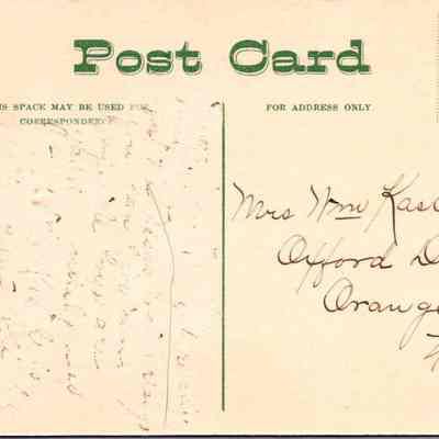 Home of Supt. Murray brook. Farm. Chester, N.Y. Back chs-019947-2: The image shows the back of a vintage postcard, prominently featuring the word "Post Card" in green uppercase letters across the top. To the left of the card, it is indicated that the space may be used for correspondence, while the right side is reserved for the address only. A small square in the top right corner suggests where a postage stamp should be placed, noting the cost for mailing within the United States and Canada as one cent and to foreign destinations as two cents. Below this, the handwritten address is visible, written in elegant cursive script, addressed to "Mrs. Wm Kasch, Sr." in "Oxford Depot, Orange Co, NY." The card bears some age-related marks and discolorations, adding to its historical character. Additionally, in the top left corner, the text “Made in Germany” indicates the origin of the card, complementing the publisher's details from Thompson's Pharmacy in Chester, N.Y. also noted in the left margin.