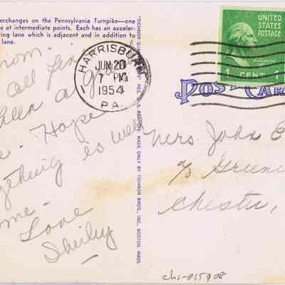 Address side of the "Pennsylvania Turnpike Exits" postcard.: This image features a vintage postcard that was postmarked on June 20, 1954, in Harrisburg, PA. The postcard contains a message that says "Hi Mom, We're all fine. It's been a nice drive. Hope everything is well at home. Love, Shirley." The card also sports two one-cent George Washington U.S. postage stamps and it was addressed to Mrs. John Eager in Chester, N.Y. The upper-left corner of the card bears printed description of "Pennsylvania Turnpike Exits."