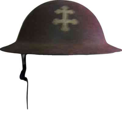 Charles Napp's WWI helmet: Charles Napp's WWI  helmet with a Cross of Lorraine symbol (U.S. Army, 79th Div.), featuring a simple chin strap hanging down.