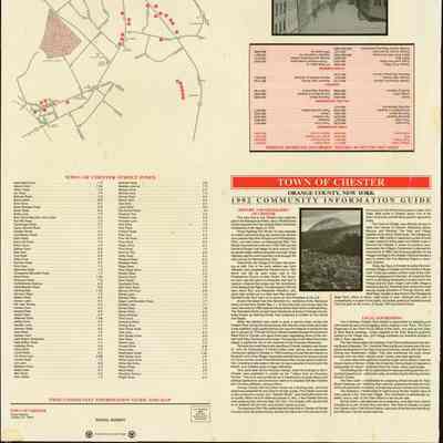 Town of Chester, Orange County, New York 1992 Community Information Guide side.: The image shows a map and information guide for Chester, New York, including street index, local history, and Community Information Guide.