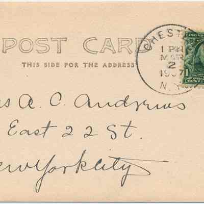 Address side of the "Along the “Otterkill” Old Sawmill, Chester N.Y." postcard.: This image shows the back of a vintage postcard addressed to Miss A. C. Andrews at 146 East 22nd Street, New York City. The postcard features a handwritten address in elegant script and a green postage stamp with the likeness of Benjamin Franklin. A postmark indicates it was sent from Oneonta, New York, on March 2, 1907. The words "POST CARD" are printed at the top, accompanied by the phrase "THIS SIDE FOR THE ADDRESS." The overall appearance