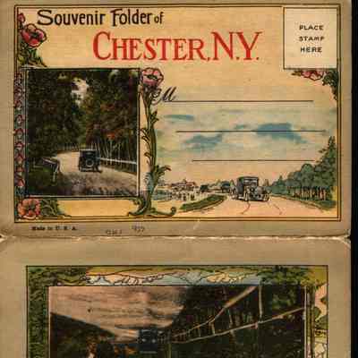 Souvenir Folder of Chester cover: This Souvenir Folder of Chester cover showcases a vintage souvenir folder from Chester, NY, featuring generic scenic illustrations and floral borders.