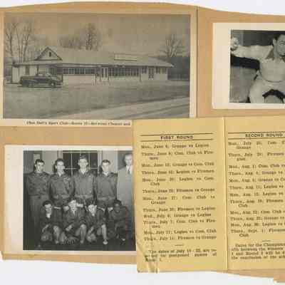 A loose page from a Jack McGrath scrapbook with 1938 Schedule open: The image displays vintage photos and a schedule, highlighting Chet Dell's Sport Club and 1938 Schedule of the Community Softball League open.