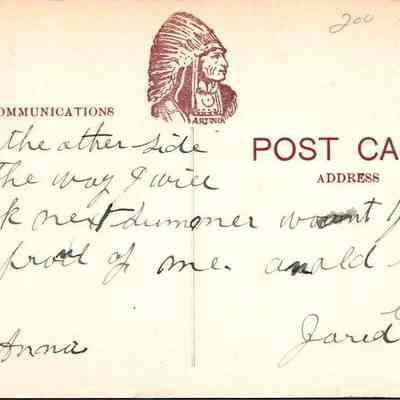Chester N.Y. Summer Scene Back: This image shows the back of an old postcard featuring decorative elements and handwritten text. The upper right corner contains a printed "POST CARD" designation and a stamp area marked "POSTAGE 1c. for United States and Canada, 2c. for abroad." Below this, on a slight angle, the word "Communications" is printed with the name "Artino" below their Indian head logo. Cursive handwriting fills the center portion, noting, "On the other side is the way I will look next summer won’t you be proud of me. An old hay seeder.  Jared" The message is signed "Anna."