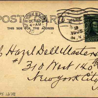 Address side of the "Thompson’s Drug Store" postcard: The image displays a vintage postcard, postmarked October 10, 1905, from Chester, N. Y., featuring elegant cursive handwriting addressing "Miss Hazel Dell Masterson" at a specific address in New York City. The card showcases a one cent Benjamin Franklin stamp affixed in the top right corner, with visible post office stamps and a slight ink smudge near the center. The phrase "POST CARD THIS SIDE FOR THE ADDRESS" is printed across the top, guiding the orientation for addressing the card.