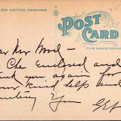 “Plant of Geo. Remold Surgical Instruments, Chester, N.Y.” Back: The image displays an old postcard with a handwritten message on its designated writing area. The top right corner of the card features ornate, vintage typography stating "POST CARD" with decorative elements and a placeholder for a stamp. The text, written in cursive, appears to address someone, expressing gratitude for some kind of help or support. This evokes a nostalgic and personal connection from an era when handwritten correspondence was more common. The overall condition of the card, with no visible wear, suggests it may have been well-preserved over the years.