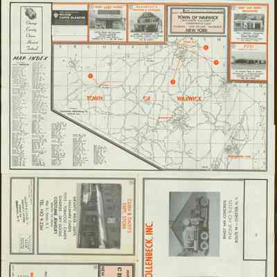 Your Community Shopper's Guide & Map of Towns of Goshen, Chester & Warwick reverse: The image is a promotional poster featuring a map and advertisements related to the Town of Warwick, New York. It includes several components such as a detailed map pinpointing locations in and around Warwick, alongside a variety of vintage ads from local businesses like food markets, a fountain and stationery shop, and construction services. Each advertisement includes details like company names, phone numbers, and offered services, enhancing local engagement and commerce.  It also includes a road/street index.