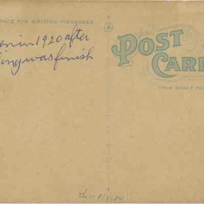 Address side of the "Warehouse of Chester Produce Growers Association, Chester, N. Y." postcard: The image displays the back of this vintage postcard, featuring pre-printed text that includes specific sections like "THIS SPACE FOR WRITING MESSAGES" and "THIS SPACE FOR ADDRESS ONLY," with postal rate information and a decorative logo that reads "POST CARD." A handwritten note in cursive script states "Taken in 1920 after building was finish."