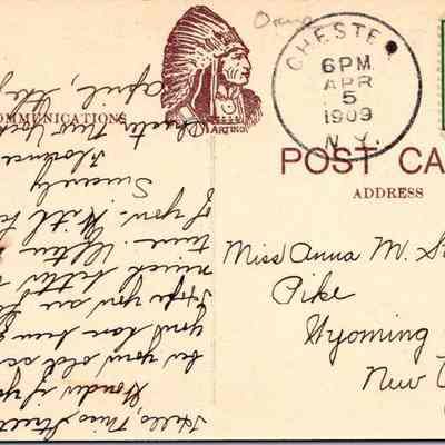 “Chester, N. Y. Chester National-Bank” Back chs-019952-2: The image shows the back of an old postcard, marked with the date "6PM APR 5 1909" by a Chester, N.Y. post office stamp. The postcard features a green one-cent stamp depicting Benjamin Franklin and is addressed to "Miss Anna M. Struter, Pike, Wyoming Co., New York." The left side of the card says; 

“Hello Miss Struter!
Wonder if you remember your old scholar.  I heard you have been quite sick. Hope you are feeling much better by this time.  Often think of you - With best wishes.  Sincerely
Florence C. Courtier 
Chester, New York
April the Fifth”

A printed section of the card includes a logo with a Native American profile, titled "Artino" beneath it, likely indicating the card manufacturer or series. The card illustrates early 20th-century American postal practices and handwriting styles, capturing a personal snippet of history.