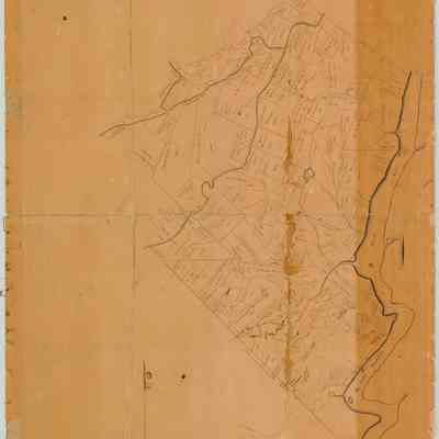 Orange & Ulster Counties Map: A circa 1740 hand-drawn Orange & Ulster Counties Map with a brownish paper tone, showing various outlined land parcels and sections, each labeled with text, possibly indicating ownership or usage. The map features a prominent meandering river running vertically on the right side, with smaller tributaries branching out into the sections. Lines divide the parcels, and there is evidence of aging, such as creases and discoloration along the edges.