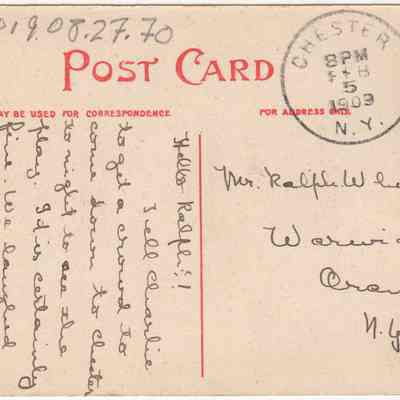 Address side of the 'High Bridge, Chester, N. Y." postcard.: The image is a vintage postcard addressed to Mr. Ralph W. Wheeler in Warwick, Orange Co., N.Y. It features a handwritten message with a friendly tone, mentioning a crowd going to Chester and Charlie's participation. The postcard has a green U.S. postage stamp bearing the face of Benjamin Franklin, valued at one cent. There's a postmark from Chester, N.Y., dated  Feb. 5, 1909. The left side of the postcard contains printed production details: "Tichenor & Rudolph, Middletown, N. Y.