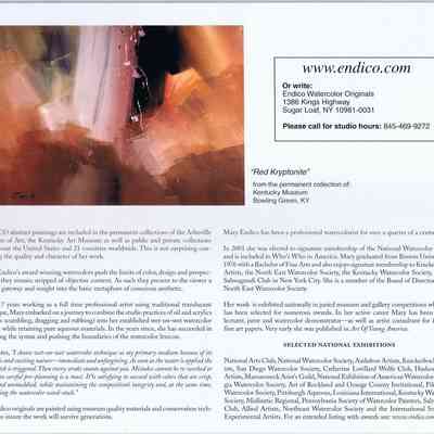 Endico Watercolor Originals brochure - interior.: The image shows an abstract painting accompanied by text describing the artist’s achievements and exhibitions.