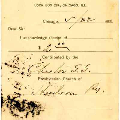 Presbyterian Board of Aid for Colleges and Academies receipt: The image shows a vintage receipt from the Presbyterian Board of Aid for Colleges and Academies, dated June 2, 1888, issued in Chicago, Illinois, acknowledging the receipt of a contribution amounting to $50, contributed by the Chester Sunday School Presbyterian Church of Hudson, N.Y. presumably in a bid to support educational initiatives facilitated by the board; the receipt, signed by the treasurer C.M. Charnley, expresses gratitude for the contribution, although it shows signs of ink smudging
