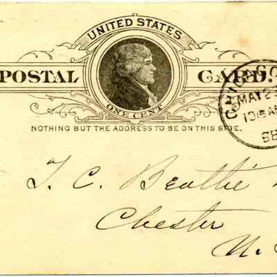Address side of the "Presbyterian Board of Aid for Colleges and Academies receipt" postcard.: The image shows an old United States postal card, featuring a one-cent stamp with a portrait of a historical figure, likely from the late 19th century, as evidenced by the date stamp from May 21, 1888, and the ornate design framing the portrait; it is addressed in elegant handwriting to a recipient in Chester, N.Y., with an instruction printed on the card stating, "Nothing but the address to be on this side," indicating its purpose and period of use in postal history