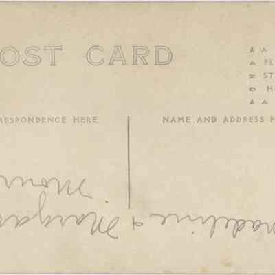 Address side of the" Along the "State" Road, Chester chs-016025 Postcard 7/28/2024 Reimport Post Cards Acquisition Source (if not Accessioned) 12/13/2016 Gift from Majorie Roe McElroy Lexicon Legacy Lexicon Category Chester Views Postcard Details Postcard Type Post Card Transcription Transcription Along the "State" Road, Chester, N.Y. Dimensions Height 8.7 cm Width 13.5 cm General Notes Note Along the "State" Road, Chester Update Date Aug 1, 2024 Create Date Aug 1, 2024 Updated By historian@thetownofchester.org Created By historian@thetownofchester.org Madeline & Margaret Monroe" postcard.: The image shows an aged postcard with the heading "POST CARD" in bold at the top. The right side has markings indicating where a stamp should be placed, with symbols and the text "A PLACE A STAMP HERE." The left side of the card has a space labeled "CORRESPONDENCE HERE" above a vertical line dividing the space for writing a message from the section labeled "NAME AND ADDRESS HERE." The cursive writing is present on the correspondence side states, "Madeline & Margaret Monroe."