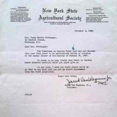 The image shows a letter dated December 8, 1936, from the New York State Agricultural Society, addressed to Mrs. Fanny Marvin Pettinger of Newburgh, N.Y. The letter is referring to an upcoming annual dinner on January 26, 1937, and notes that Mrs. Pettinger's farm has been deemed particularly worthy of citation by the Committee on Century Farms. The letter expresses a belief that there might be additional human interest material related to her farm that could be useful and requests further communication to confirm her direct descent from the first proprietor of the farm. The letter is signed by Jared Van Wagenen, Jr., Chairman of the committee.
