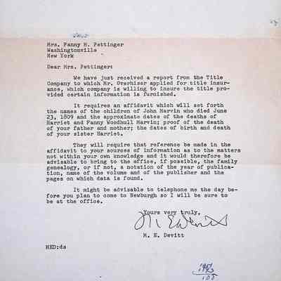 The image shows a typed letter dated November 28, 1951, from the Law Offices of Devitt and Vidulich, located in Newburgh, NY. The letter is addressed to Mrs. Fanny M. Pettinger of Washingtonville, New York. The content of the letter informs Mrs. Pettinger that the Title Company, to which Mr. Overhiser applied for title insurance, requires certain information including names and approximate dates of deaths of John Marvin's children, as well as proof of the death of her father and mother and the dates of birth and death of her sister Harriet. The letter advises Mrs. Pettinger to bring those facts along with a proper affidavit as references from her sources to their office. It is signed by M.E. Devitt.