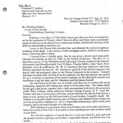 F. V. Sanford Letter about Leopold Polatis