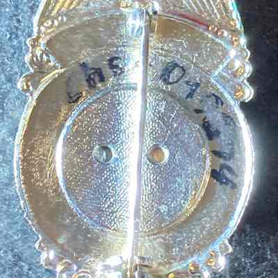 Village of Chester Trustee Badge reverse.: The image shows the reverse side of a Trustee of Chester Village, New York badge with an engraved eagle design and visible text on it.