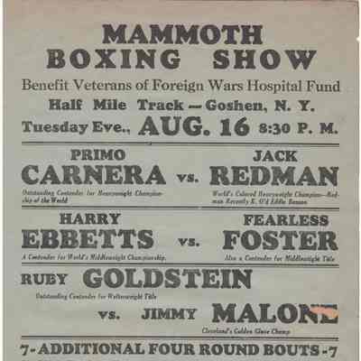Reverse of page: "Mammoth Boxing Show" ad: to Benefit Veterans of Foreign Wars Hospital Fund: This is a vintage poster advertising a mammoth boxing show in Goshen, New York, to "Benefit Veterans of Foreign Wars Hospital Fund."