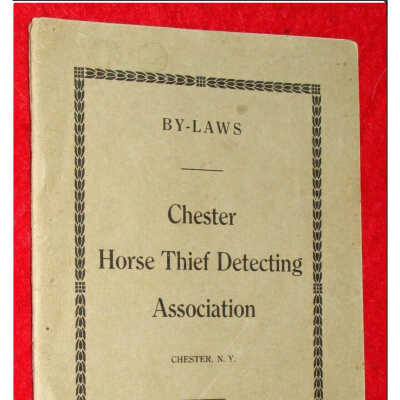 The image features the cover of a booklet titled "By-Laws" for the Chester Horse Thief Detecting Association, located in Chester, N.Y. The booklet appears to be an old document, likely printed by The Goshen Democrat press in Goshen, N.Y. Its design includes a decorative border surrounding the text, and the cover is set against a red background. The document likely dates back to the early 1900s and suggests it was created for an organization dedicated to addressing horse theft, a significant concern in rural communities during that era. The title and details are clearly printed on a plain, tan cover, conveying a sense of historical significance.