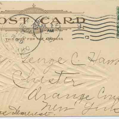Fourth of July Greeting Post Card to George C. Hawkins versa: This image shows an old postcard with a green one-cent stamp featuring Benjamin Franklin, which was postmarked July 2, 1909. The front side of the card, intended exclusively for the address, holds handwritten text that is directed to a "Mr. George C. Hawkins" in Chester, Orange County, New York. The postcard has distinct postmark ink across the top.