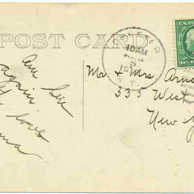 Address side of the "By The Mountainside, Chester, N. Y." postcard.: The image shows an old postcard with the words "POST CARD" printed at the top. On the left side, a handwritten note says, "Am here again with love, Emma." On the right, the card is addressed to Mr. and Mrs. Arnott at 335 West 39st, New York. There is a green one-cent U.S. postage stamp featuring a profile portrait. A postmark stamped over the stamp reads "Yonkers, N.Y." with a date of August 5, 1908.