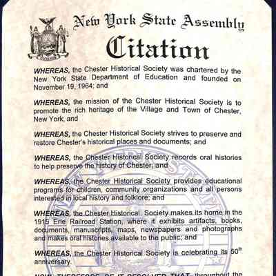 New York State Assembly Citation: Chester Historical Society 50th Anniversary
