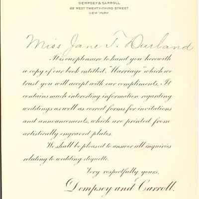 Jane T. Durland's Dempsey & Carroll Marriage book insert: The image displays a formal letter on a cream-colored background, elegantly written in cursive script, addressed to Miss Jane T. Durland from Dempsey & Carroll, located at 22 West Twenty-Third Street, New York. The letter expresses pleasure in presenting a copy of their book, "Marriage," containing information on weddings, invitations, and announcements. It mentions that the content is printed from artistically engraved plates and offers to answer inquiries regarding wedding etiquette.