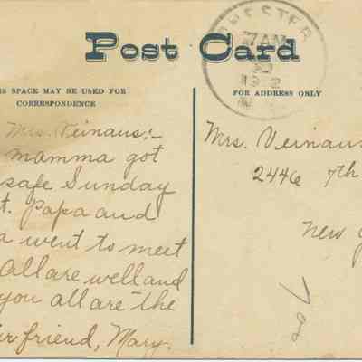 Address side of the "St. Columba's Catholic Church, Chester, N. Y." postcard.: The address side of this postcard is addressed to Mrs. Veinmaus, located at 2446 7th Avenue, New York City. The postcard features a one-cent U.S. postage stamp and a postmark dated July 12, 1906. A handwritten message mentions family members and expresses well wishes, signed by "your friend, Mary." The card also designates specific areas for correspondence and address, indicating it was published by Thompers Pharmacy in Chester, NY.