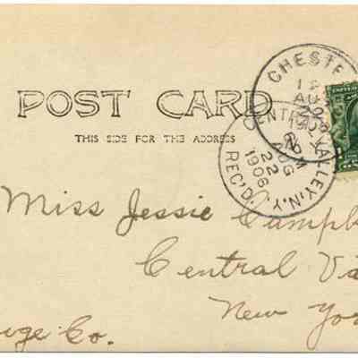 Address side of the "Two Young Couples with Horses, Chester, N.Y." postcard.: The image is of a vintage postcard addressed to Miss Jessie Campbell in Central Valley, Orange Co., New York, stamped with a green one-cent Benjamin Franklin stamp, postmarked August 22, 1920, from Chester, NY, and marked "THIS SIDE FOR THE ADDRESS."
