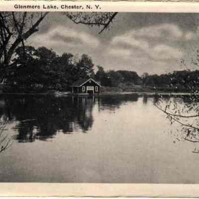 20825 Glenmere Lake.: The vintage black and white photo depicts Glenmere Lake in Chester, New York, featuring a peaceful lakes